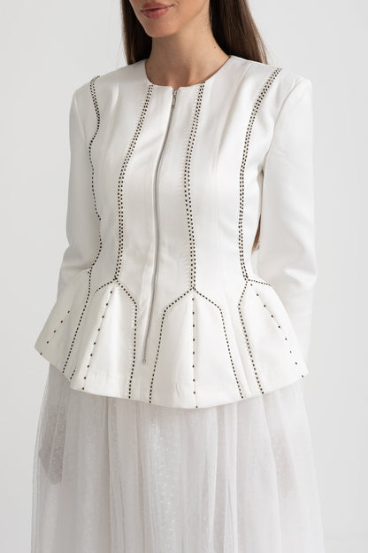 Conjunto de Casaco Peplum e Saia de Tule Transparente com Costuras Estruturadas - Branco