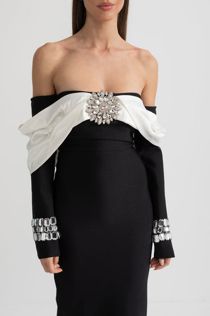 Vestido Elegante Off Shoulder Com Bustier Contrastante E Apliques Brilhantes - Preto