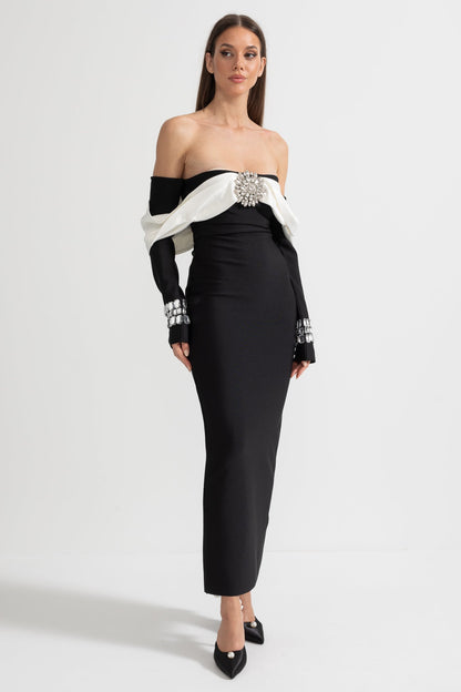Vestido Elegante Off Shoulder Com Bustier Contrastante E Apliques Brilhantes - Preto