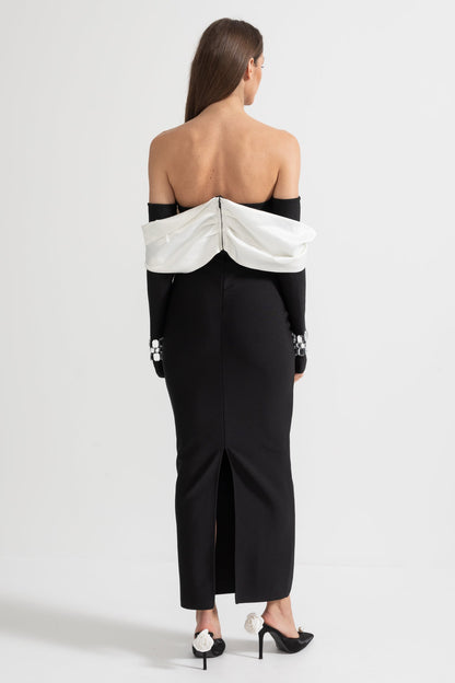 Vestido Elegante Off Shoulder Com Bustier Contrastante E Apliques Brilhantes - Preto