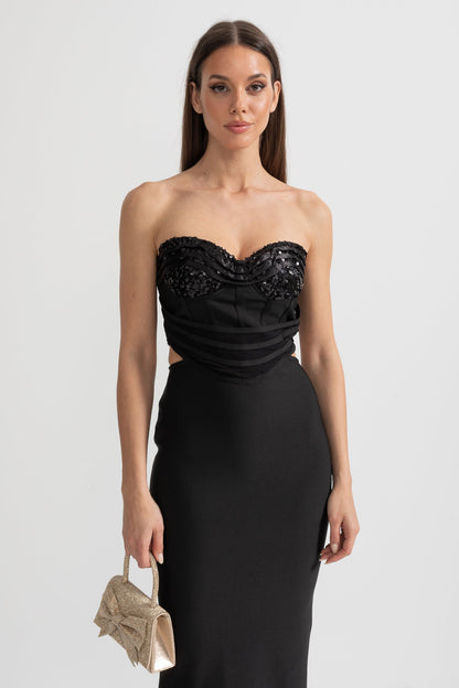 Conjunto de Bustier de Lantejoulas e Saia Maxi com Recortes Laterais - Preto