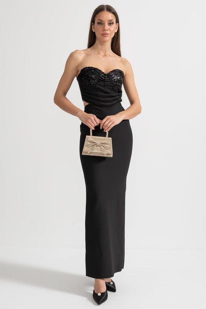 Conjunto de Bustier de Lantejoulas e Saia Maxi com Recortes Laterais - Preto