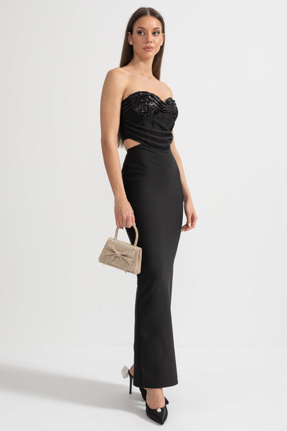 Conjunto de Bustier de Lantejoulas e Saia Maxi com Recortes Laterais - Preto