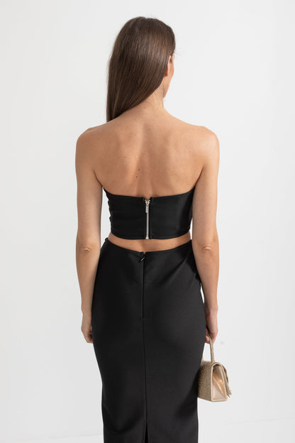 Conjunto de Bustier de Lantejoulas e Saia Maxi com Recortes Laterais - Preto