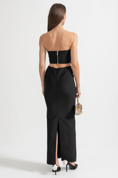 Conjunto de Bustier de Lantejoulas e Saia Maxi com Recortes Laterais - Preto
