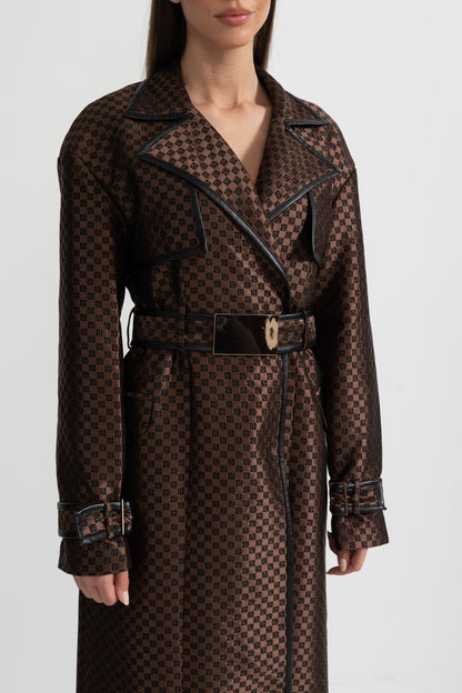 Trench Coat de Lapela Larga com Cinto de Fivela Dourada - Castanho