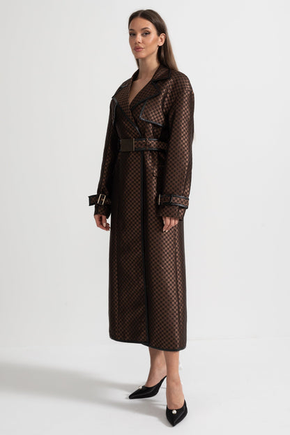 Trench Coat de Lapela Larga com Cinto de Fivela Dourada - Castanho