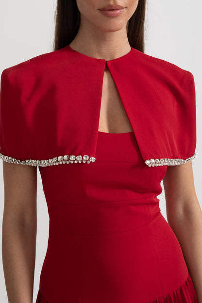 Vestido Midi Plissado com Capa de Ombro Removível Decorada - Vermelho