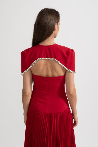 Vestido Midi Plissado com Capa de Ombro Removível Decorada - Vermelho