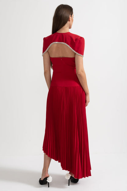 Vestido Midi Plissado com Capa de Ombro Removível Decorada - Vermelho