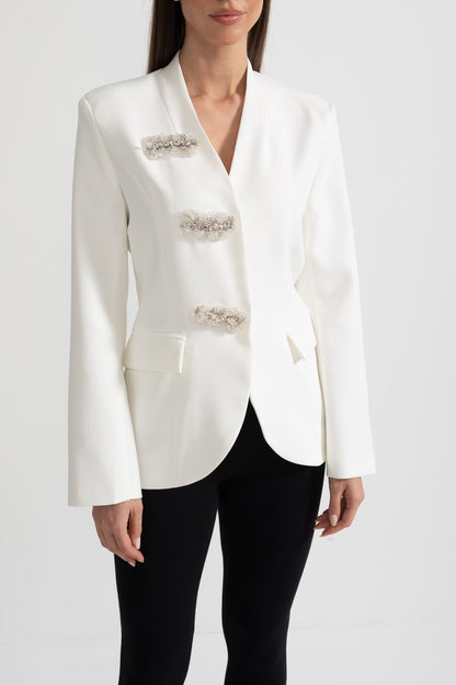 Blazer Sob Medida Com Ombros Estruturados E Fechos Florais Prateados - Branco