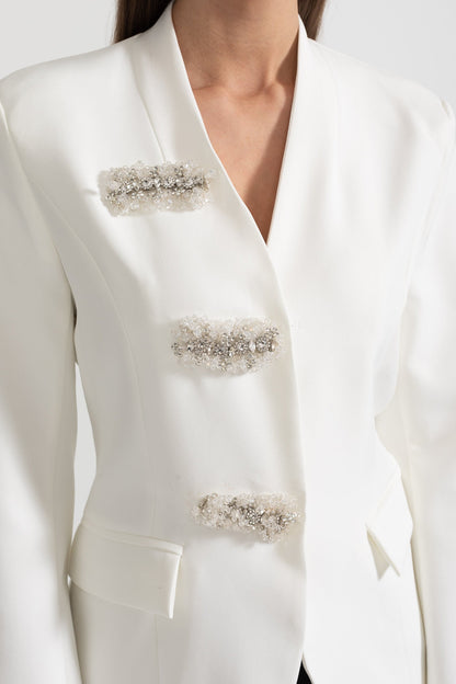 Blazer Sob Medida Com Ombros Estruturados E Fechos Florais Prateados - Branco