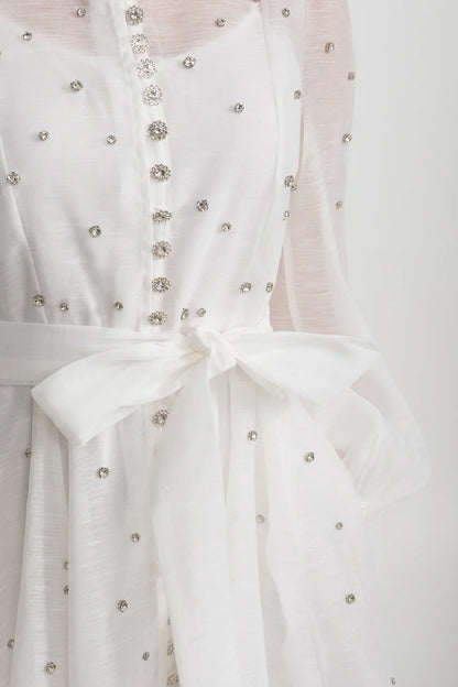 Vestido Elegante Com Mangas Bufantes Longas, Gola Alta E Enfeites Brilhantes - Branco