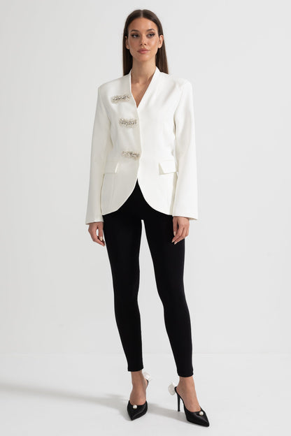 Blazer Sob Medida Com Ombros Estruturados E Fechos Florais Prateados - Branco