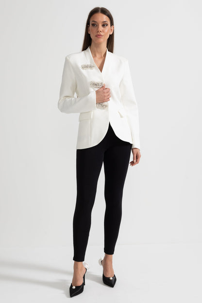 Blazer Sob Medida Com Ombros Estruturados E Fechos Florais Prateados - Branco