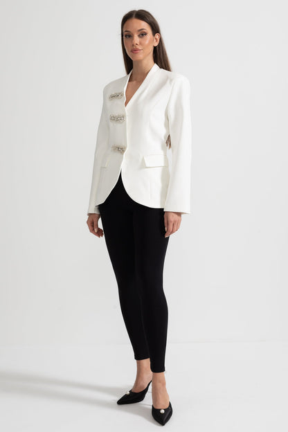 Blazer Sob Medida Com Ombros Estruturados E Fechos Florais Prateados - Branco