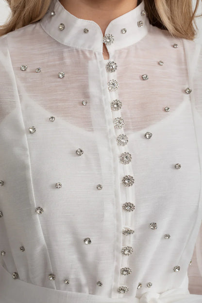 Vestido Elegante Com Mangas Bufantes Longas, Gola Alta E Enfeites Brilhantes - Branco