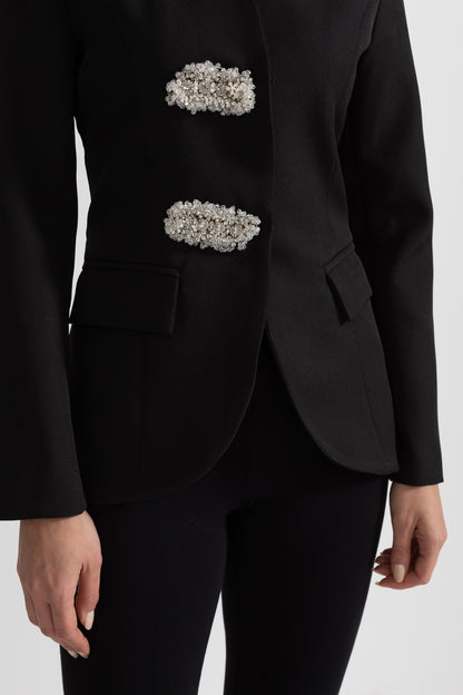 Blazer Sob Medida Com Ombros Estruturados E Fechos Florais Prateados - Preto