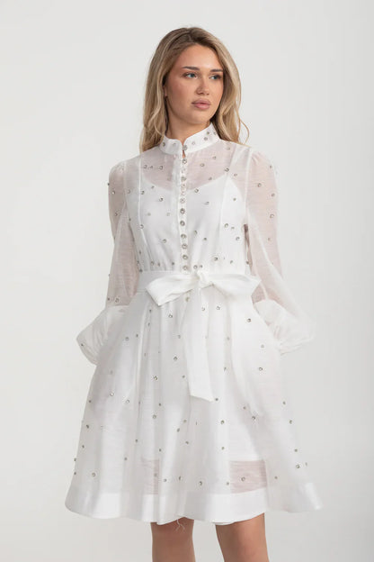 Vestido Elegante Com Mangas Bufantes Longas, Gola Alta E Enfeites Brilhantes - Branco