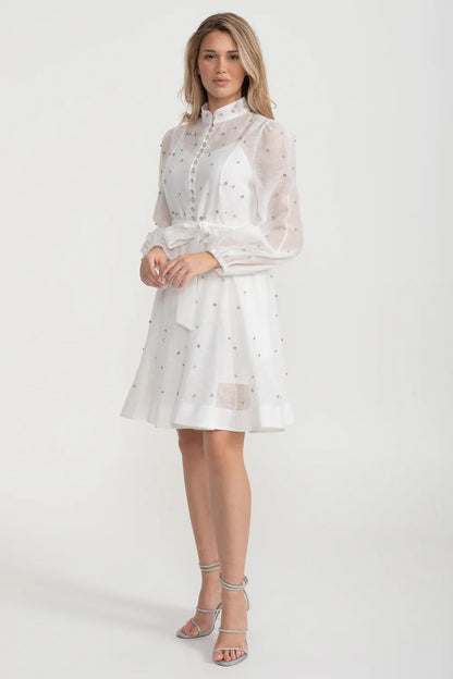 Vestido Elegante Com Mangas Bufantes Longas, Gola Alta E Enfeites Brilhantes - Branco