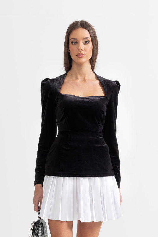 Conjunto de Veludo em Duas Peças com Saia Plissada Contrastante - Preto
