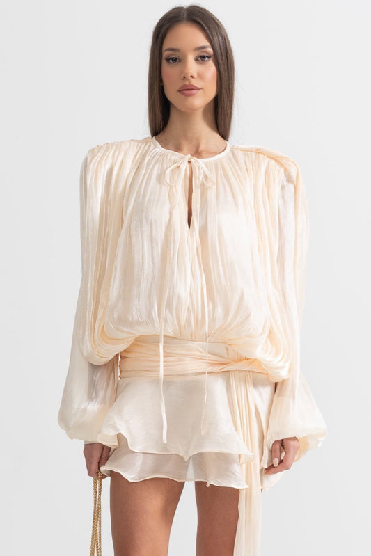 Vestido Mini de Manga Longa com Babados e Silhueta Fluida - Damasco