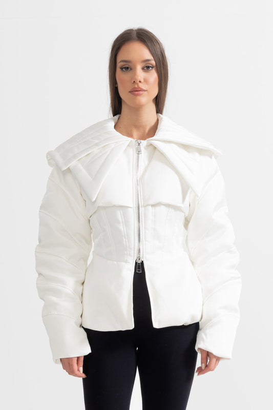 Casaco Puffer Estruturado Com Lapelas Oversized - Branco