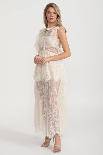 Vestido de Renda Elegante Inspirado no Vintage com Detalhes em Renda e Saia em Camadas - Ivoire