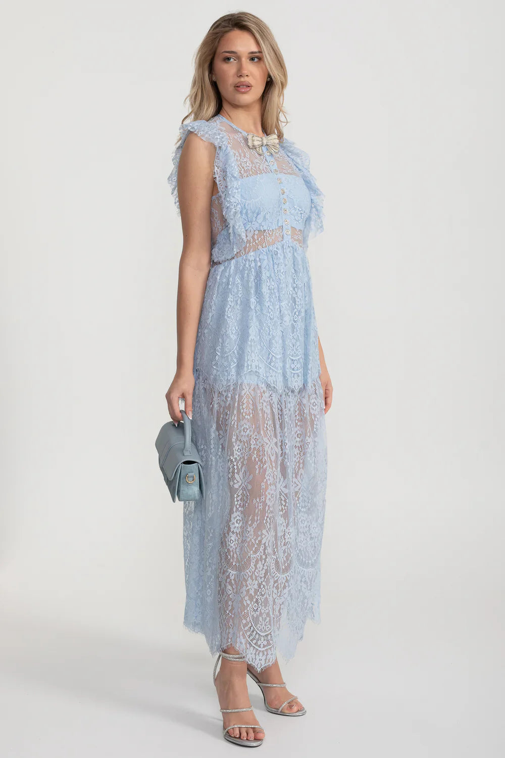 Vestido Elegante de Renda Inspirado no Vintage com Detalhes em Renda e Saia em Camadas - Azul