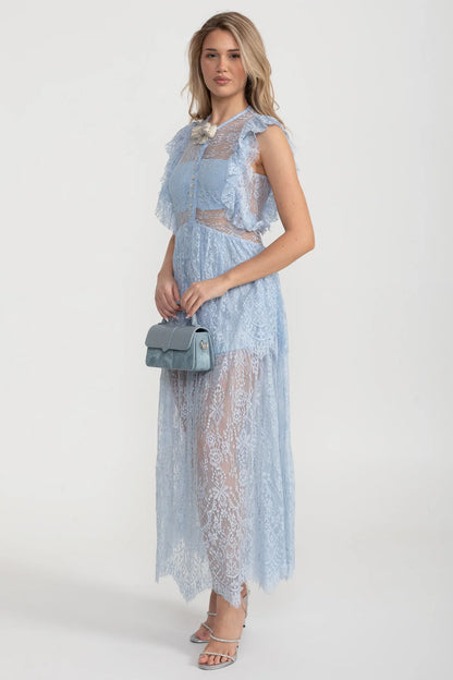 Vestido Elegante de Renda Inspirado no Vintage com Detalhes em Renda e Saia em Camadas - Azul