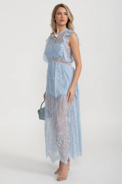 Vestido Elegante de Renda Inspirado no Vintage com Detalhes em Renda e Saia em Camadas - Azul