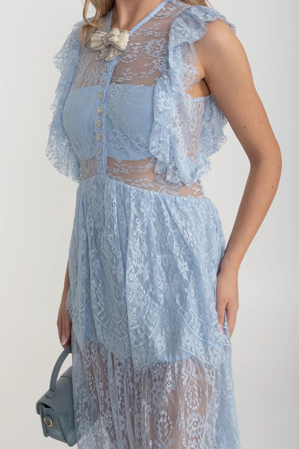 Vestido Elegante de Renda Inspirado no Vintage com Detalhes em Renda e Saia em Camadas - Azul