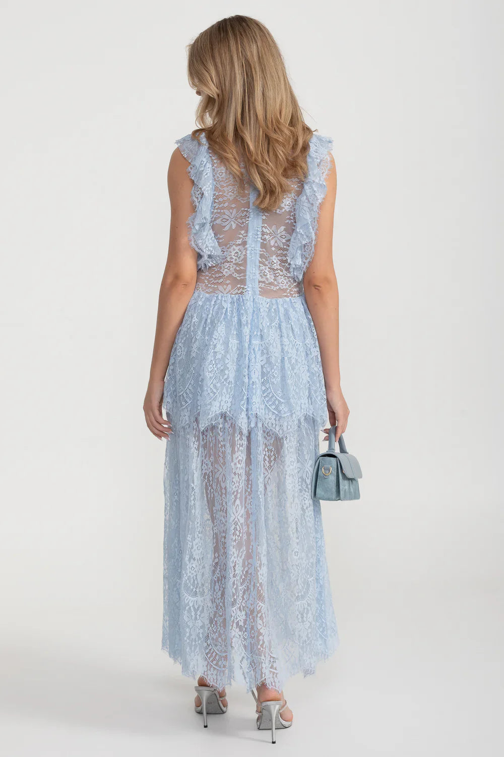 Vestido Elegante de Renda Inspirado no Vintage com Detalhes em Renda e Saia em Camadas - Azul