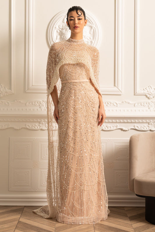 Vestido Glamouroso com Contas e Véu Destacável - Bege