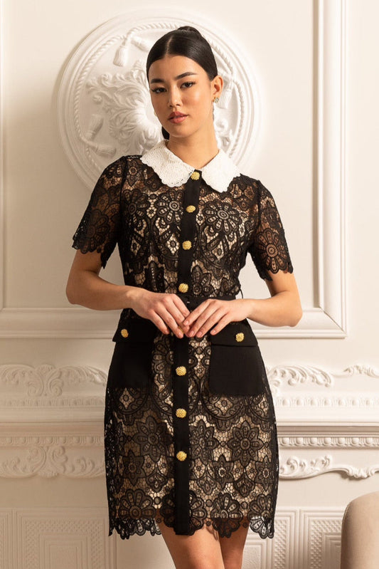 Vestido de Renda com Padrão Floral, Mangas Curtas e Gola Contrastante - Preto