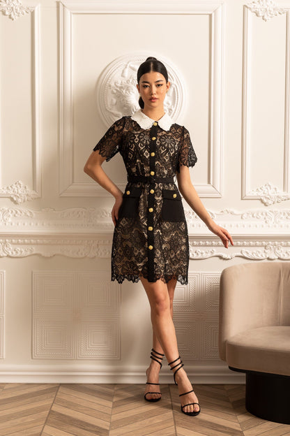 Vestido de Renda com Padrão Floral, Mangas Curtas e Colarinho Contrastante - Preto