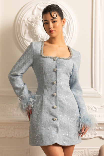 Vestido Mini Texturizado Com Punhos de Penas e Decote Quadrado - Azul