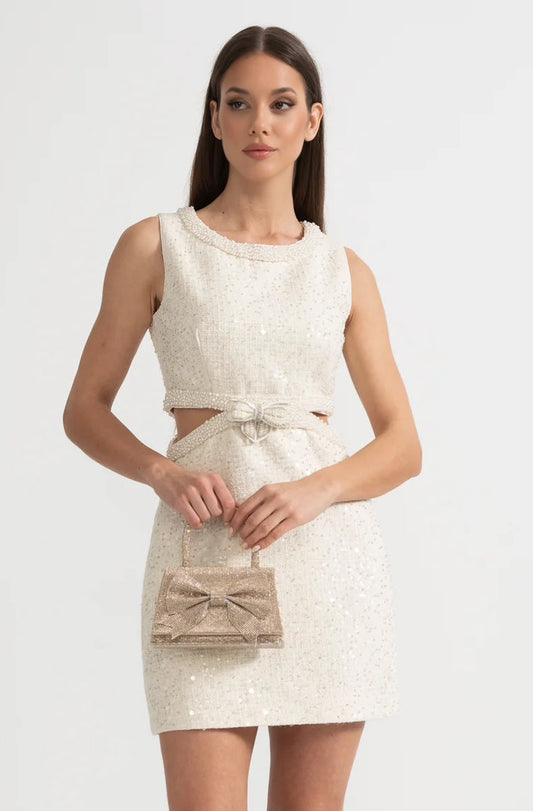 Vestido Mini Sem Mangas com Lantejoulas, Recortes na Cintura e Laço - Ivoire
