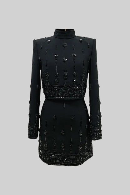 Conjunto com Diamantes e Saia Mini - Preto