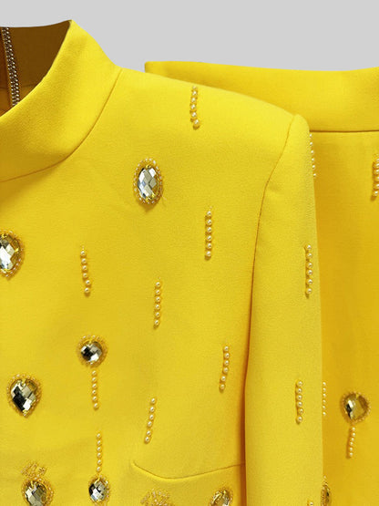 Conjunto com Diamantes e Saia Mini - Amarelo