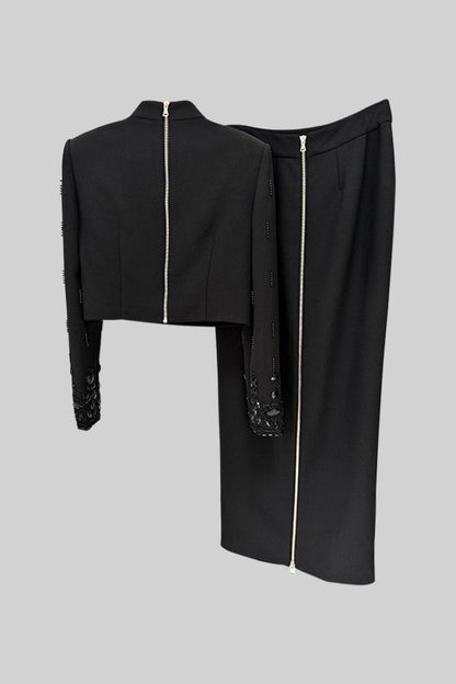 Conjunto com Diamantes e Saia Maxi - Preto