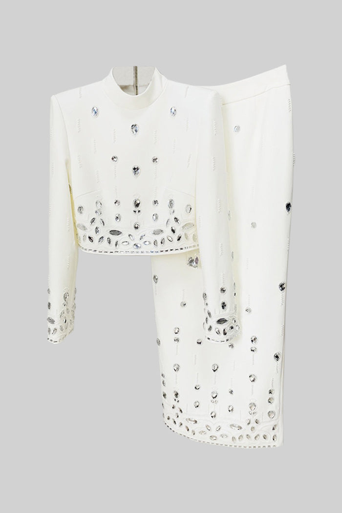 Conjunto com Saia Maxi Embelido com Diamantes - Branco