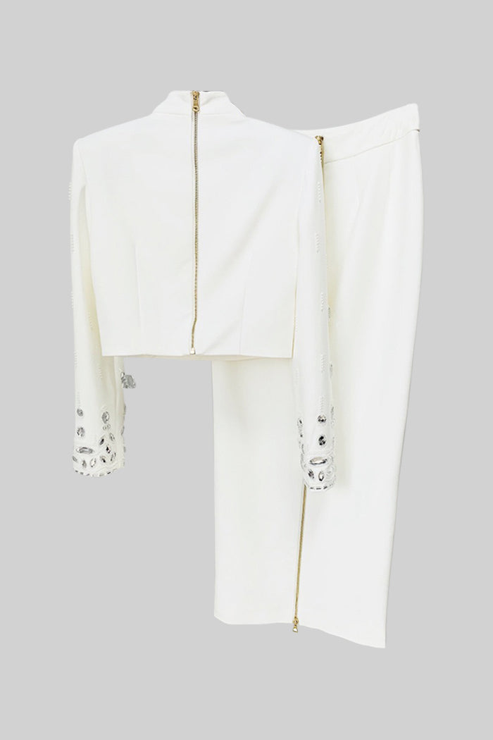 Conjunto com Saia Maxi Embelido com Diamantes - Branco