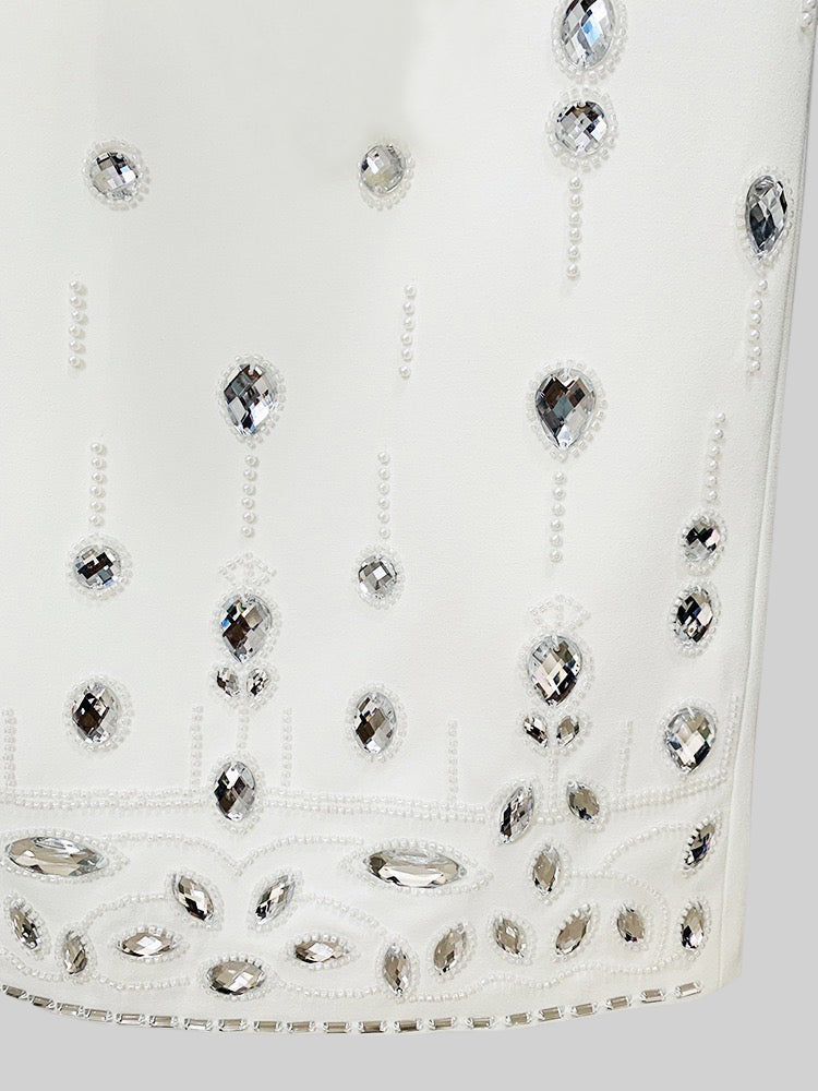 Conjunto com Diamantes e Saia Mini - Branco