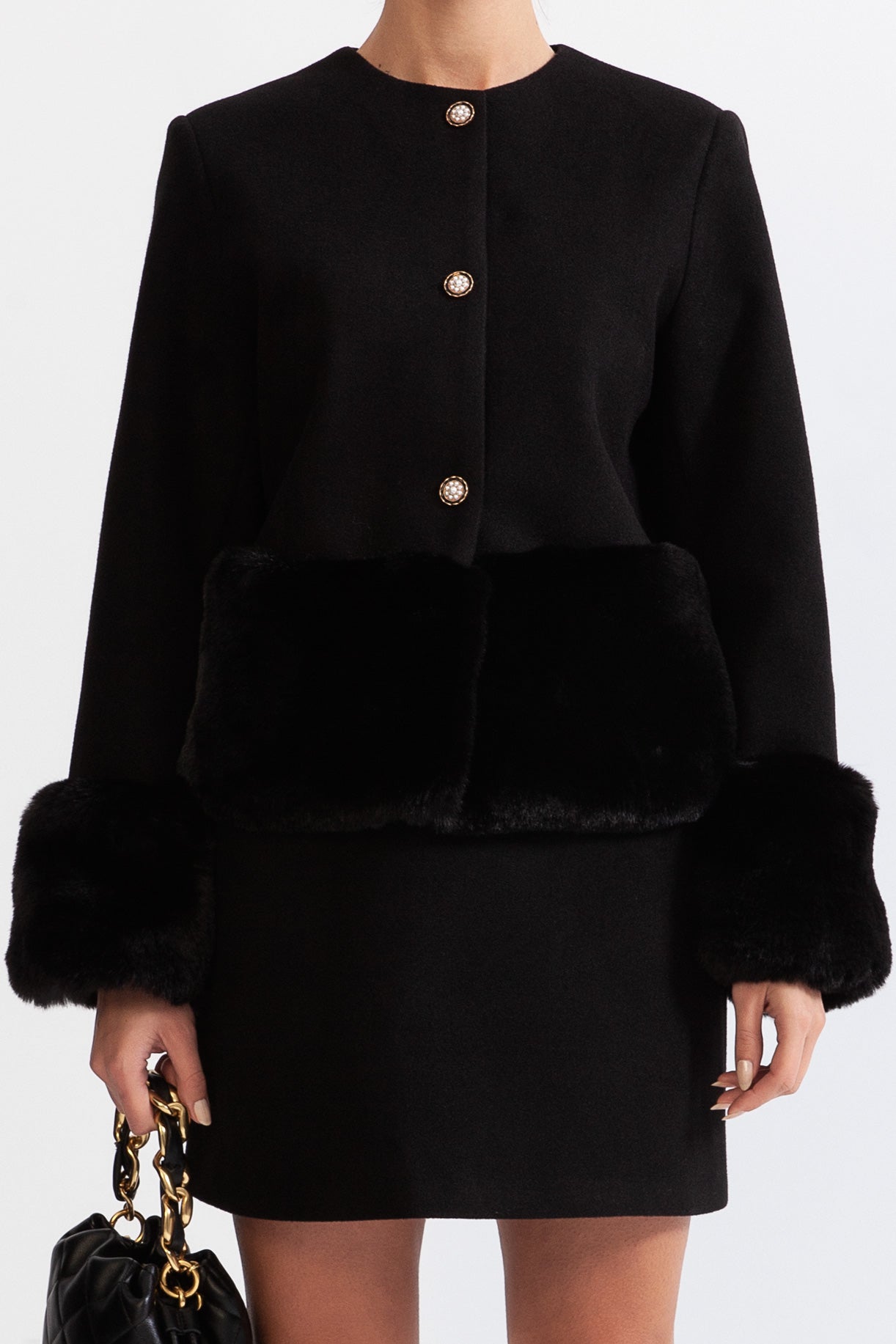 Conjunto de pelo sintético com casaco e saia - Preto