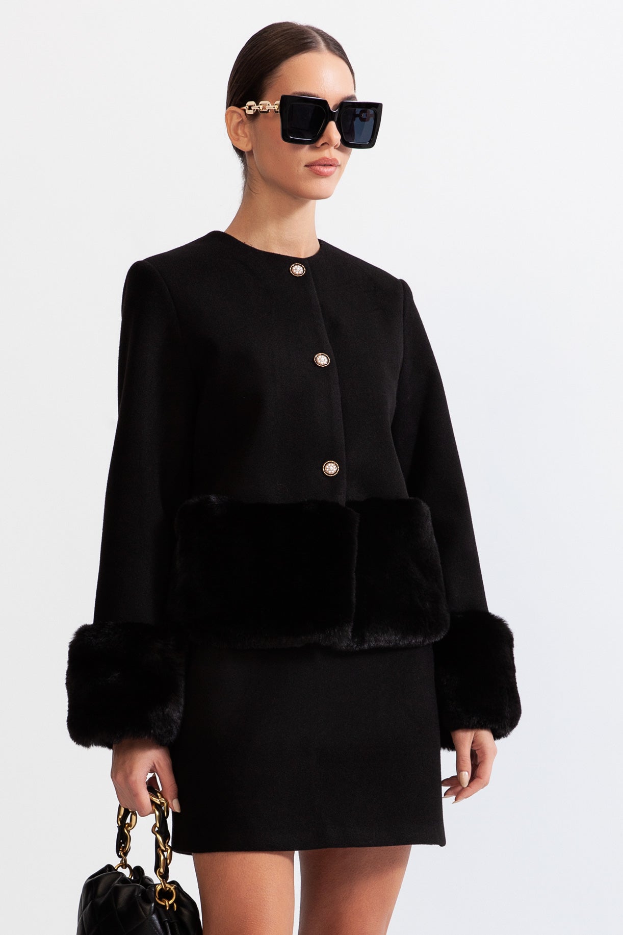 Conjunto de pelo sintético com casaco e saia - Preto