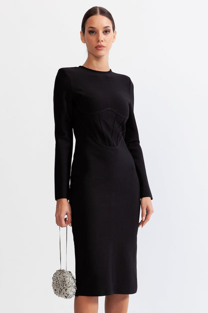 Vestido Midi Areia com Corpete - Preto