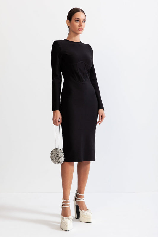 Vestido Midi Areia com Corpete - Preto