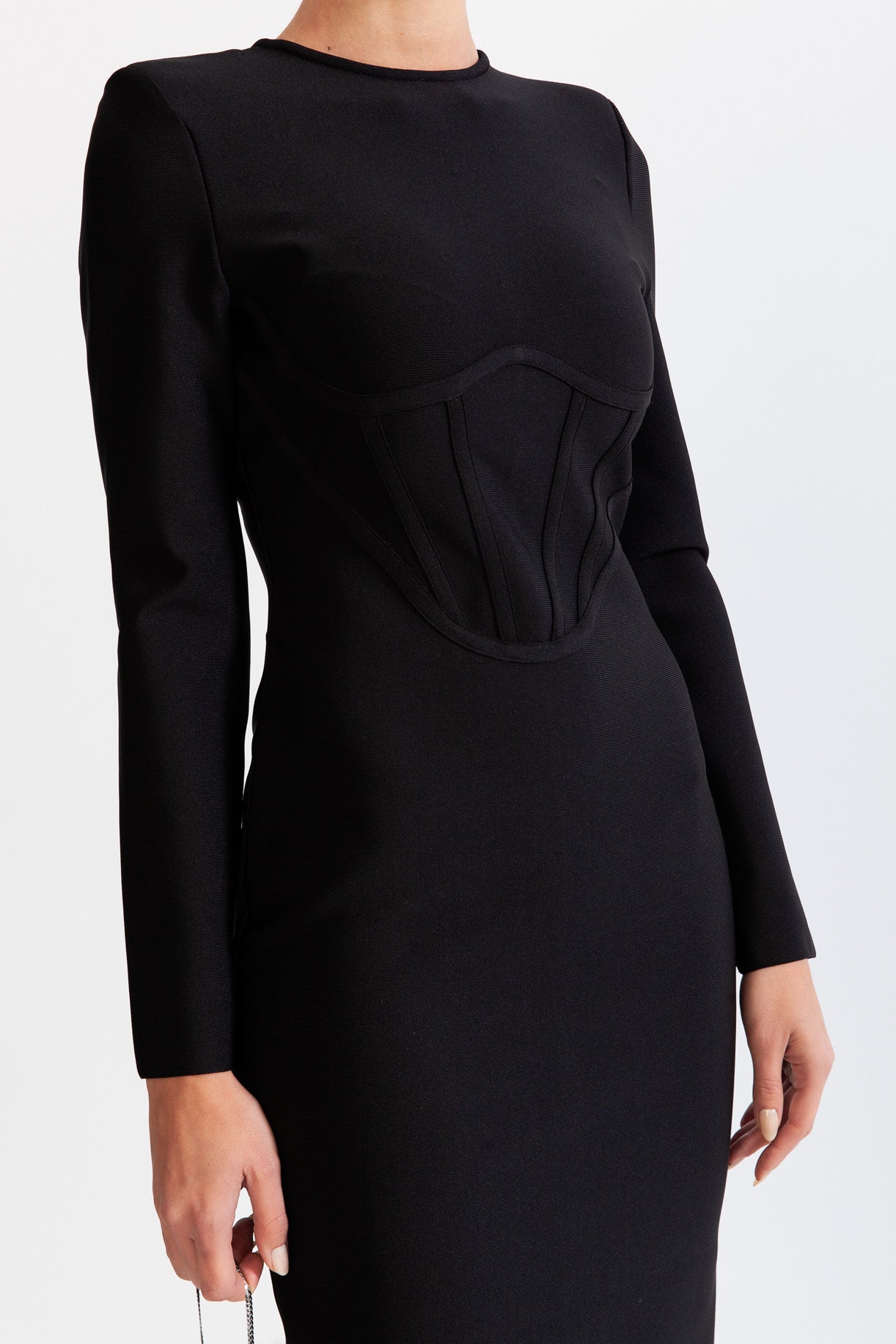 Vestido Midi Areia com Corpete - Preto