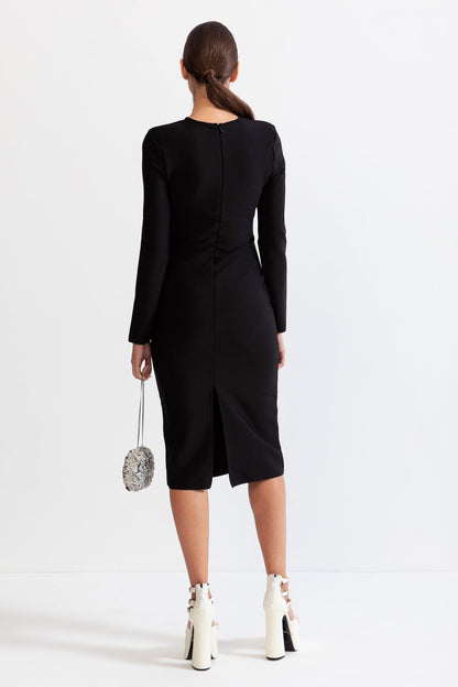 Vestido Midi Areia com Corpete - Preto